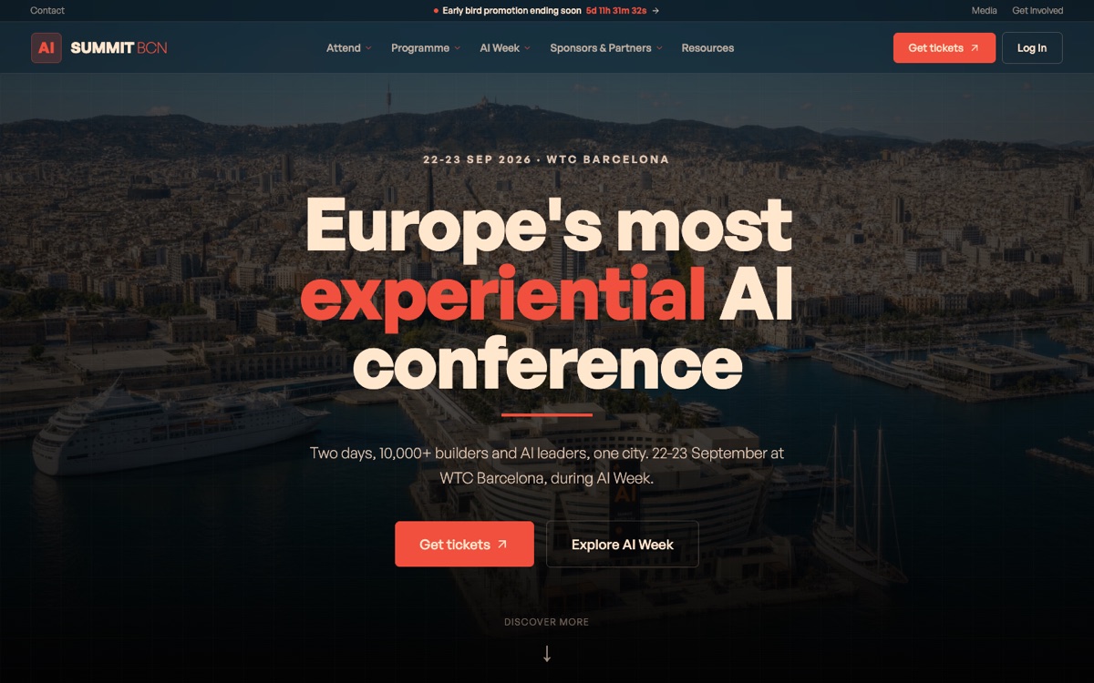 AI Summit Barcelona 2026 landing page showing 22 to 23 September at WTC Barcelona.