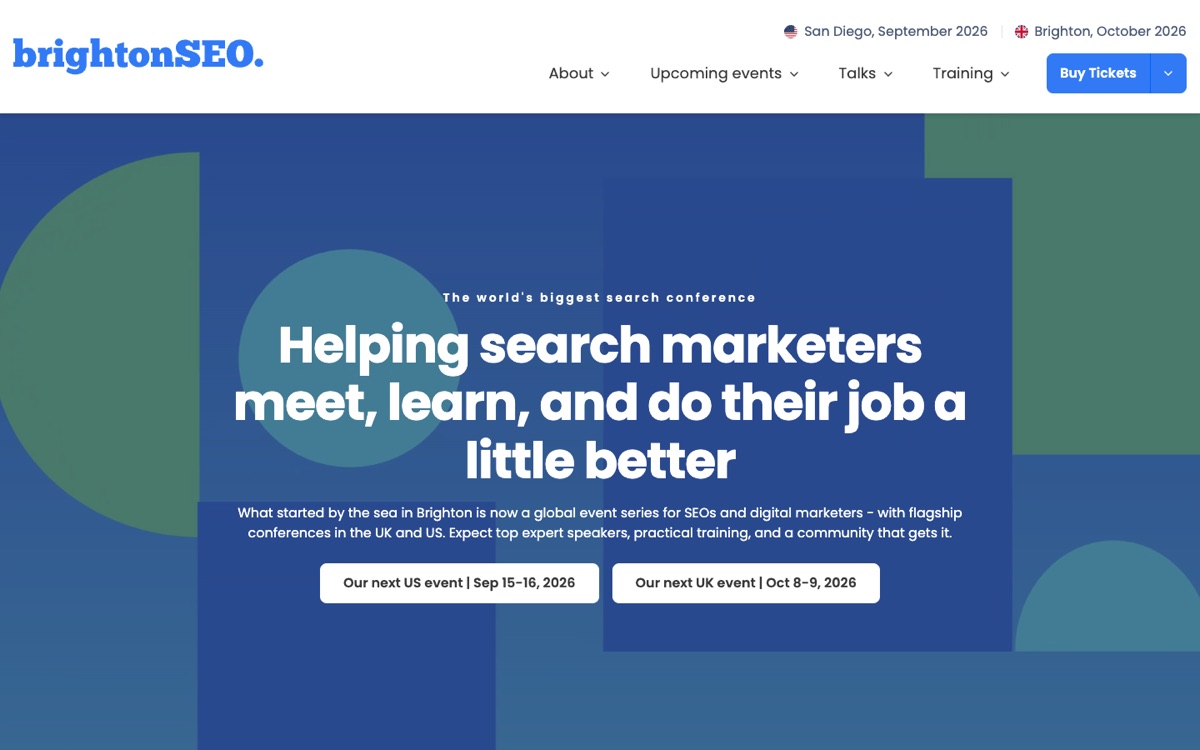 brightonSEO landing page showing the San Diego September 2026 and Brighton October 2026 editions.