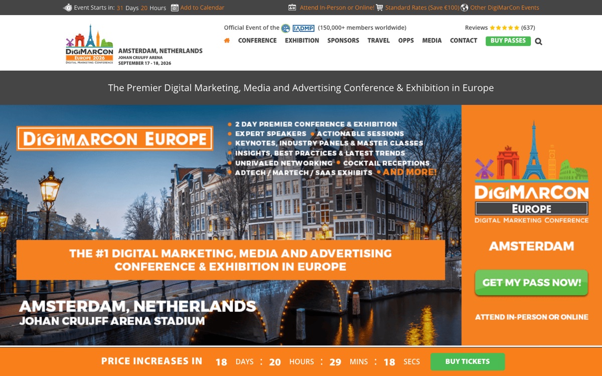 DigiMarCon Europe 2026 landing page showing the Amsterdam September dates.