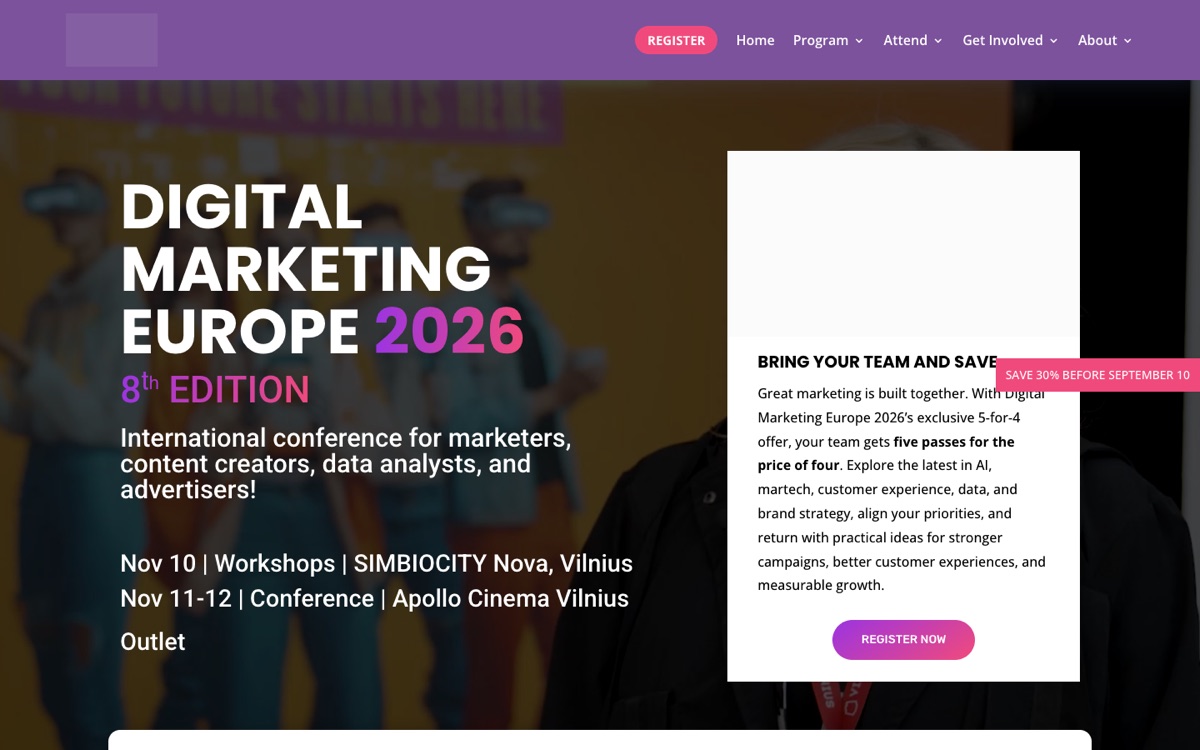 Digital Marketing Europe 2026 landing page showing the November Vilnius dates and venues.