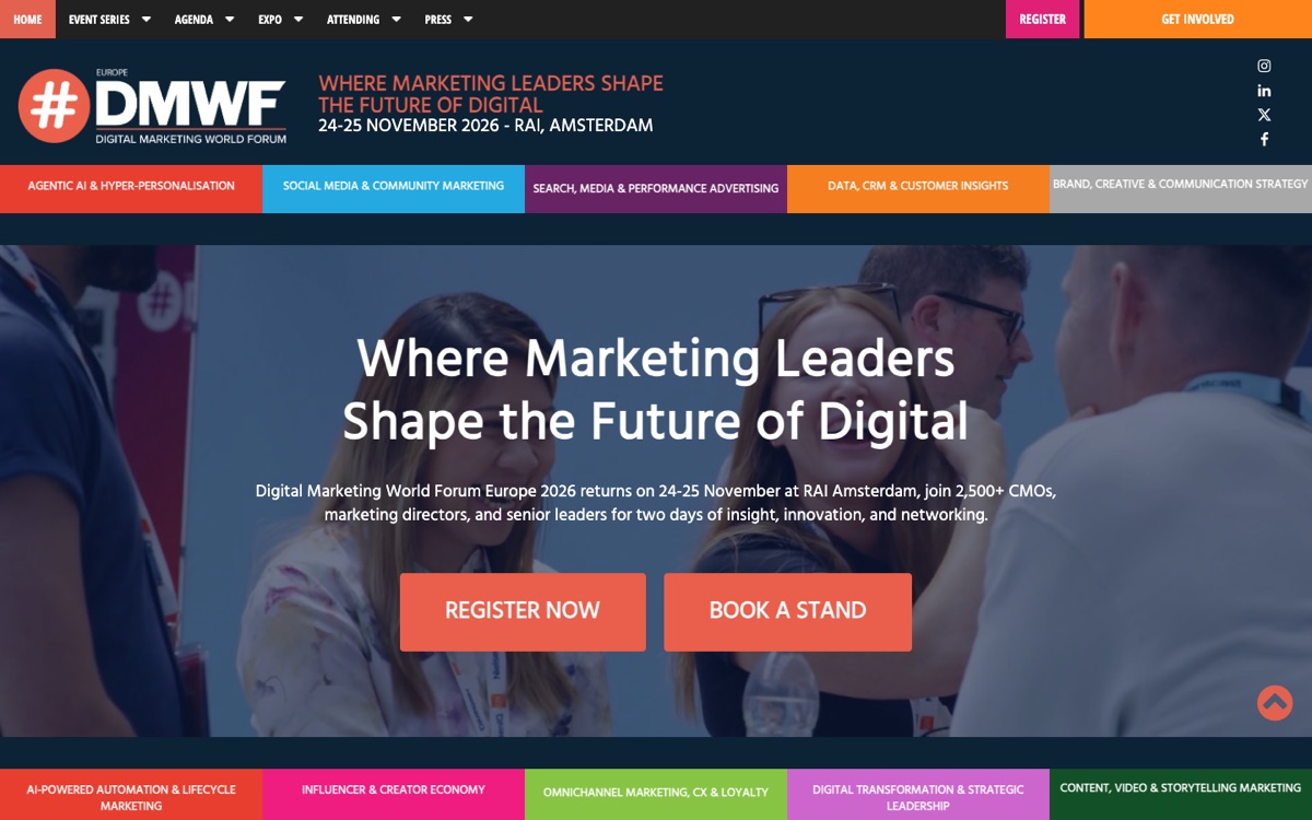 DMWF Europe landing page showing the RAI Amsterdam November dates.