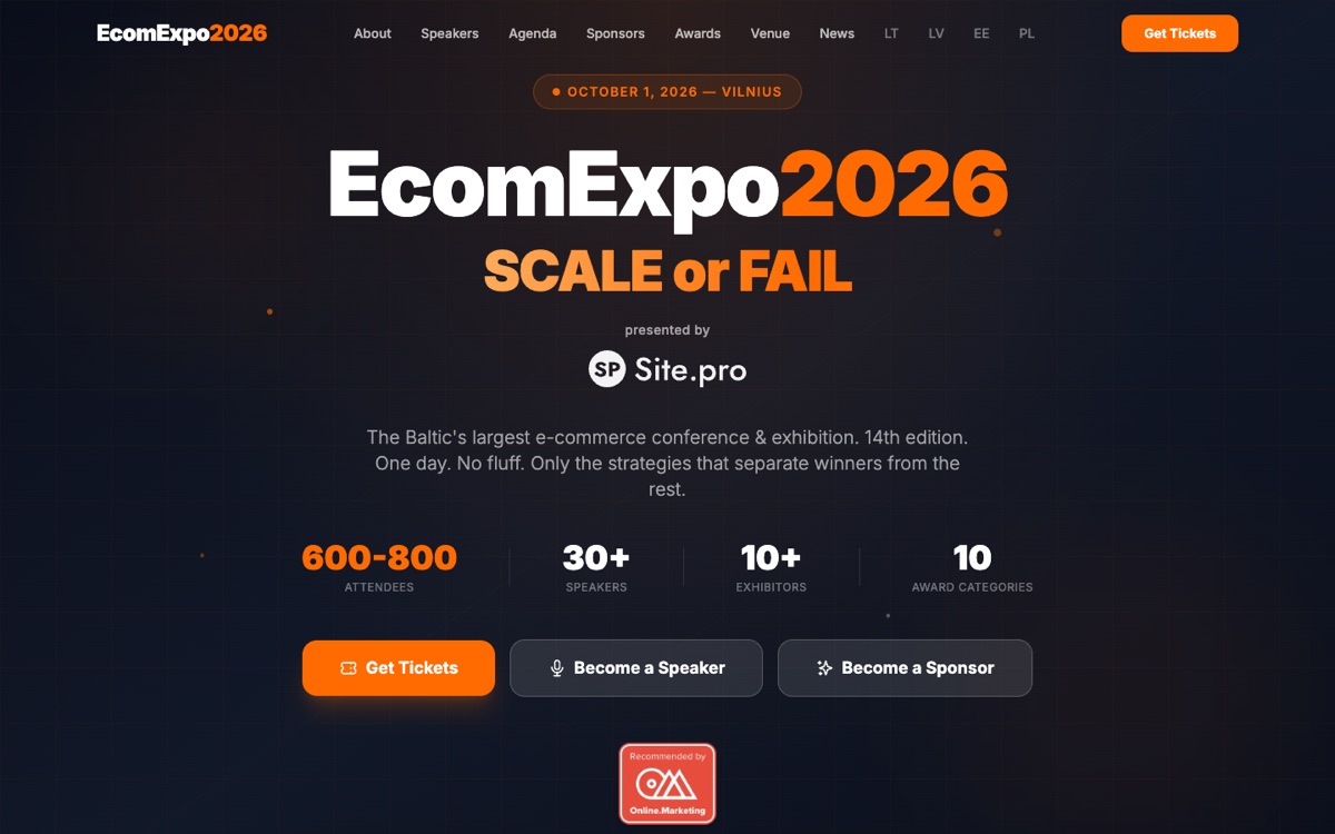 EcomExpo 2026 landing page showing 1 October in Vilnius and the SCALE or FAIL theme.