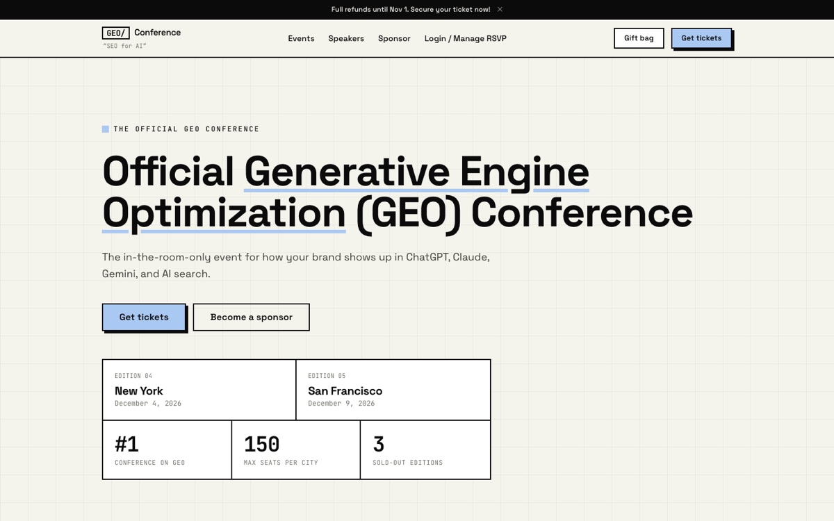 GEO Conference landing page showing the New York 4 December and San Francisco 9 December 2026 editions.