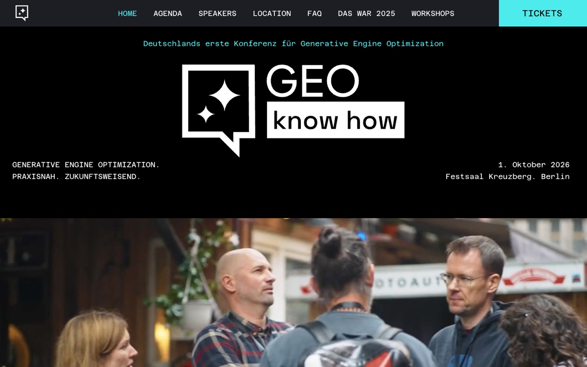 GEO Know How 2026 landing page showing 1 October 2026 at Festsaal Kreuzberg, Berlin.
