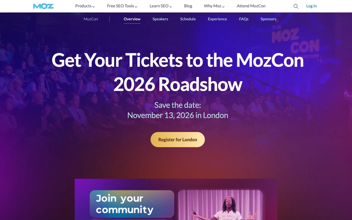 MozCon 2026 Roadshow landing page showing 13 November 2026 in London.