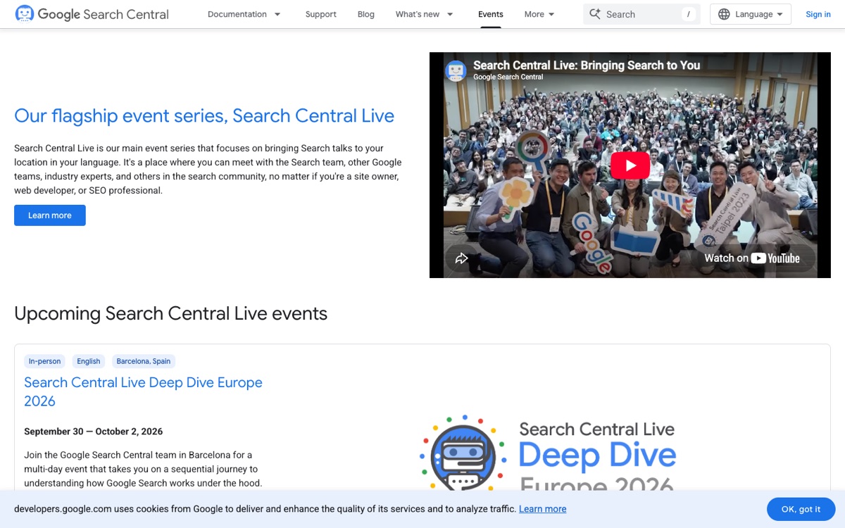 Google Search Central events page listing the 2026 Search Central Live schedule.