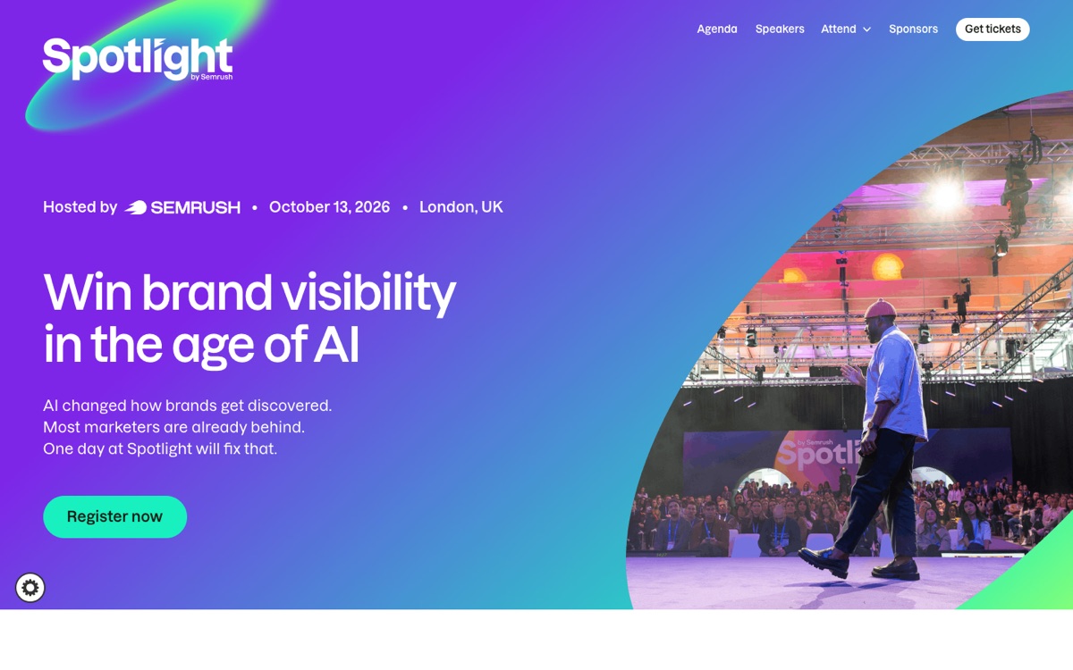 Spotlight 2026 landing page showing 13 October 2026 in London and the Win brand visibility in the age of AI headline.