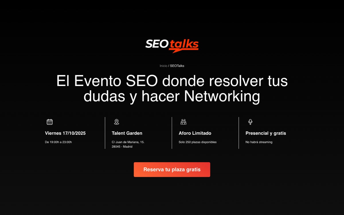 Web de SEOTalks, evento de SEO gratuito en Talent Garden Madrid.