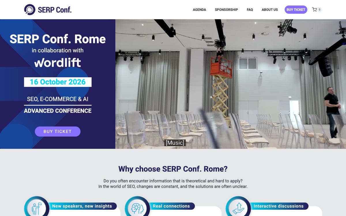 SERP Conf. Rome landing page showing 16 October 2026 and the SEO, ecommerce and AI focus.