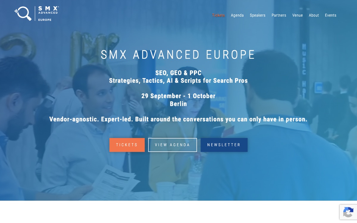 SMX Advanced Europe 2026 landing page showing Berlin dates and the SEO, GEO and PPC focus.